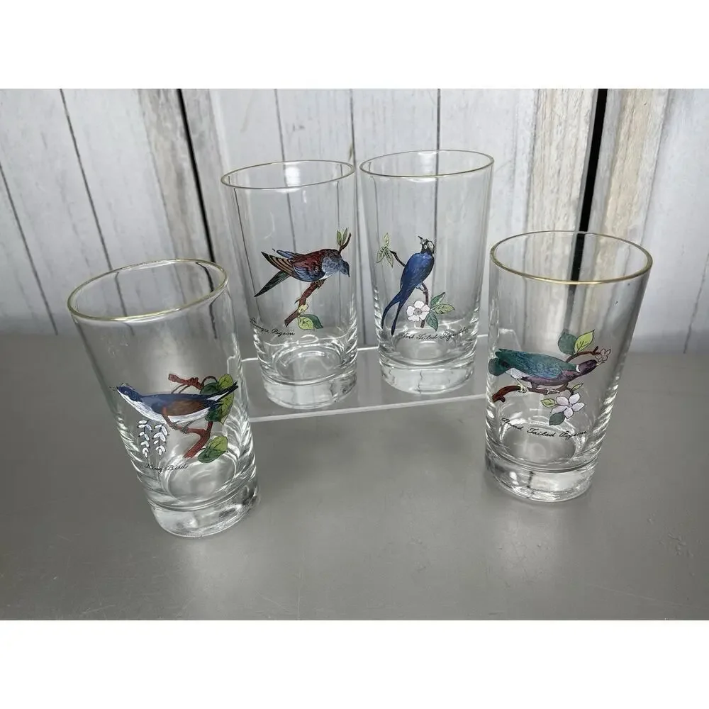 Vintage Set of 4 Hand Painted Bird Tumblers Drinking Glasses