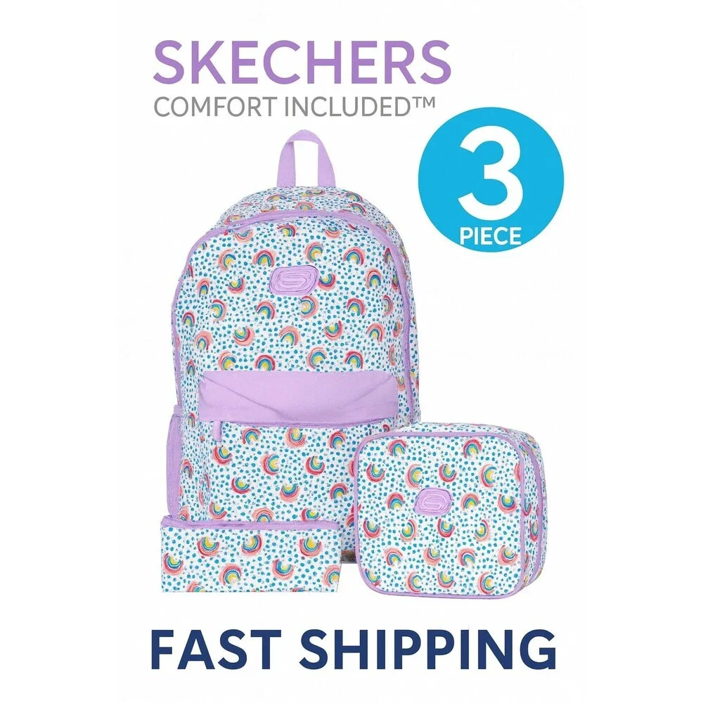 Skechers 3-Piece Backpack Set Kids Rainbow Print Purple Lunch‎ Bag Pencil Case