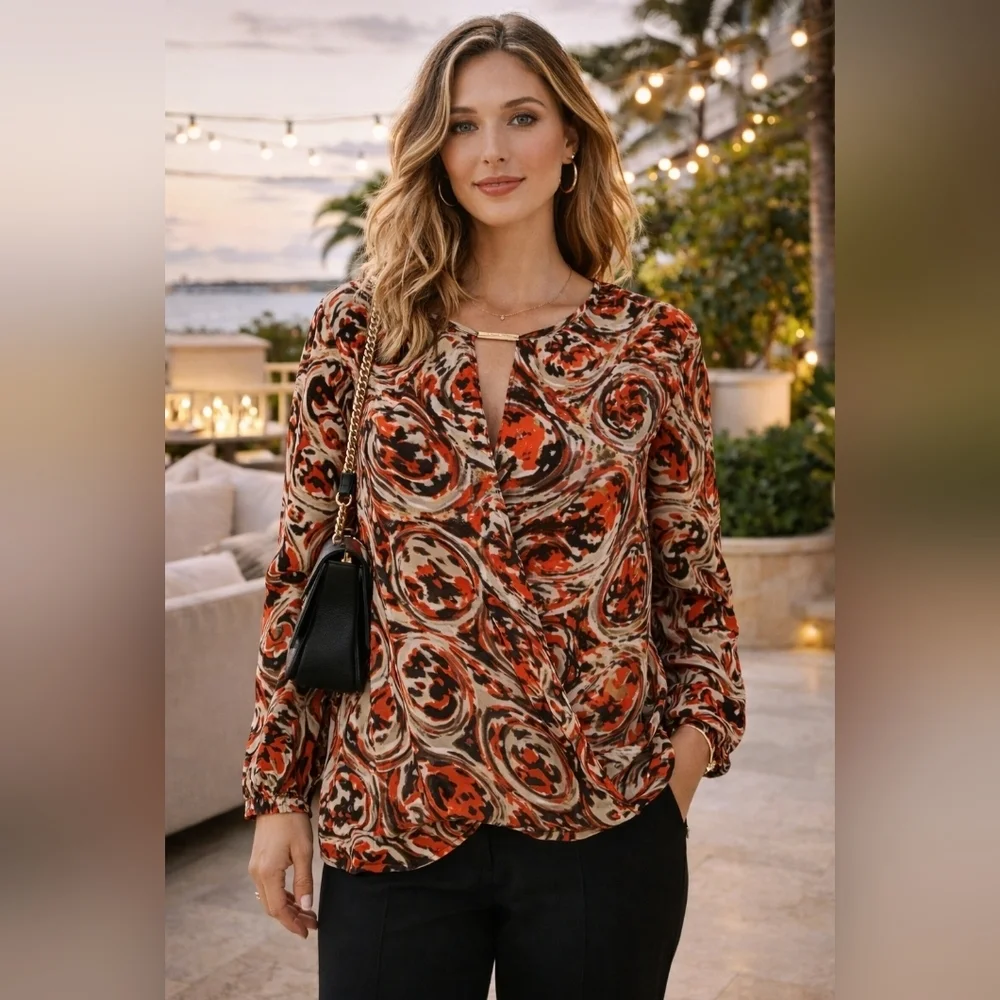 Michael Kors Women’s Chiffon Blouse Size 14 Abstract Print Long Sleeve