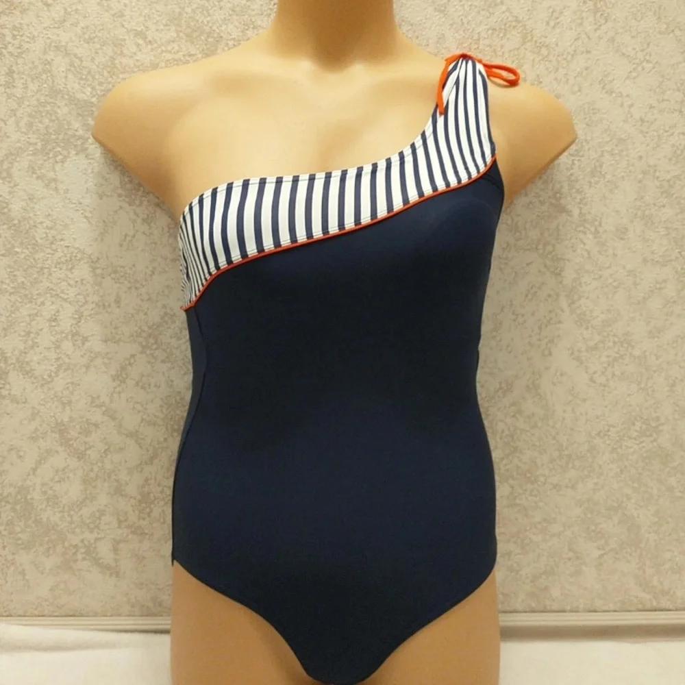 Chic One-Shoulder Navy Striped Swim One Piece