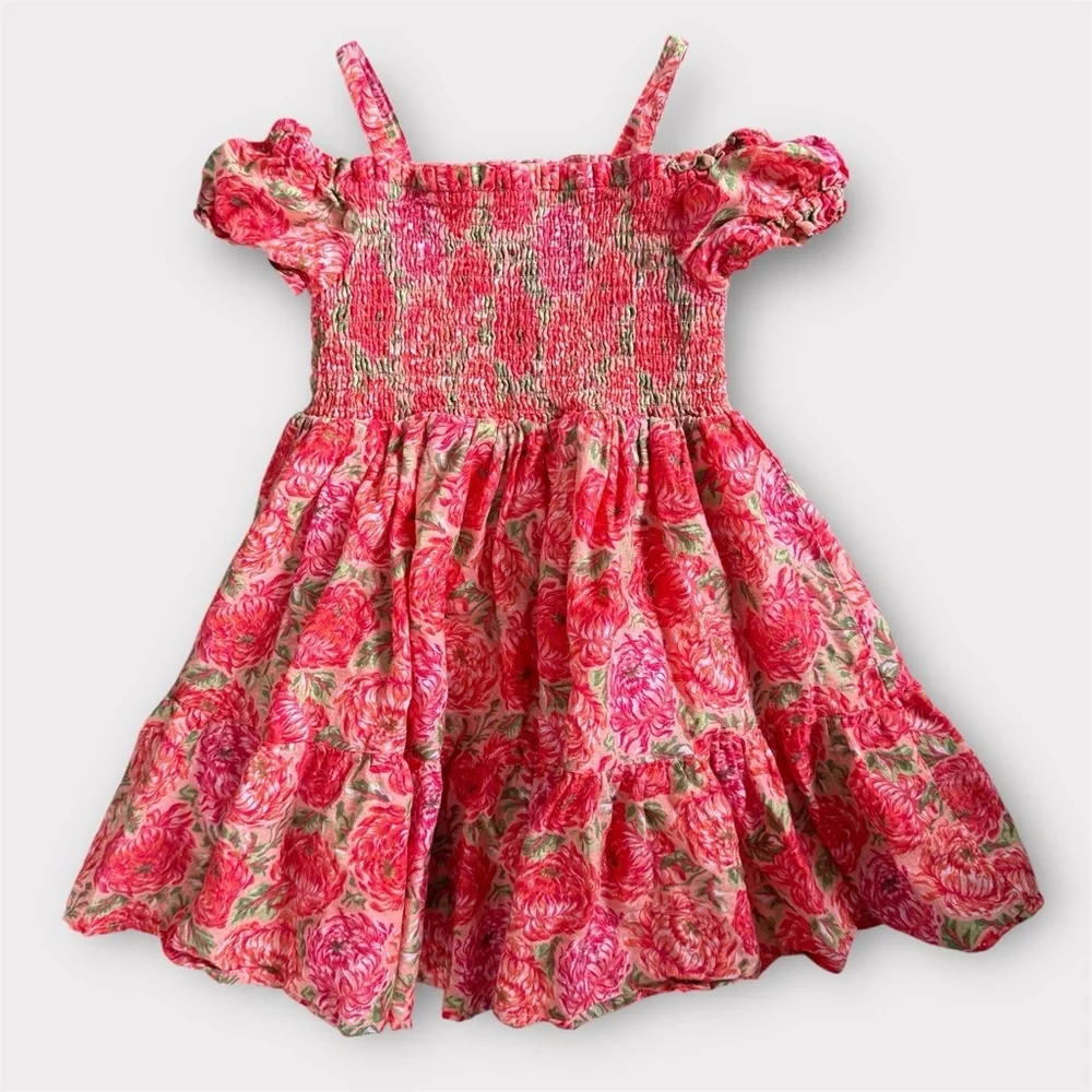 Haute Hippie Girl Floral Smocked Dress 3T Pink Tiered Ruffle Twirl Roses Easter