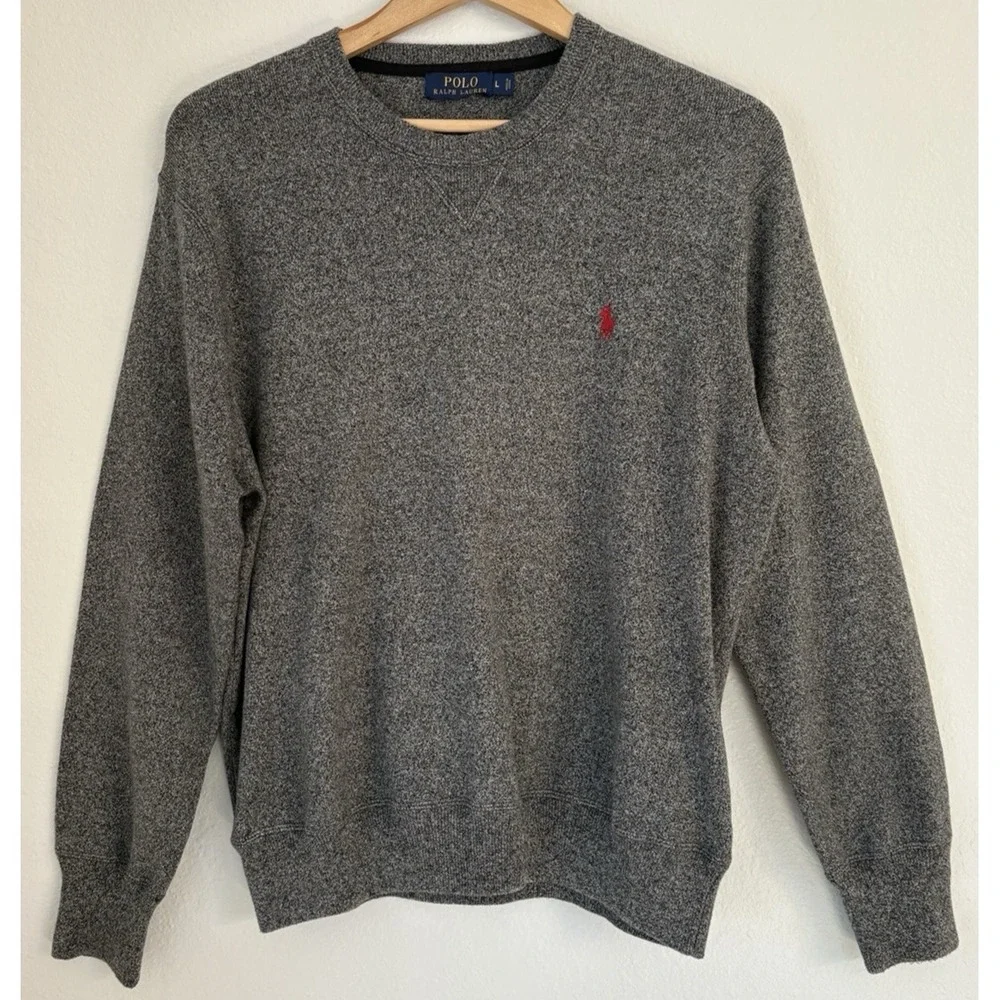 Polo Ralph Lauren Gray Cotton Crewneck Sweater Quiet Luxury Preppy Dark Academia