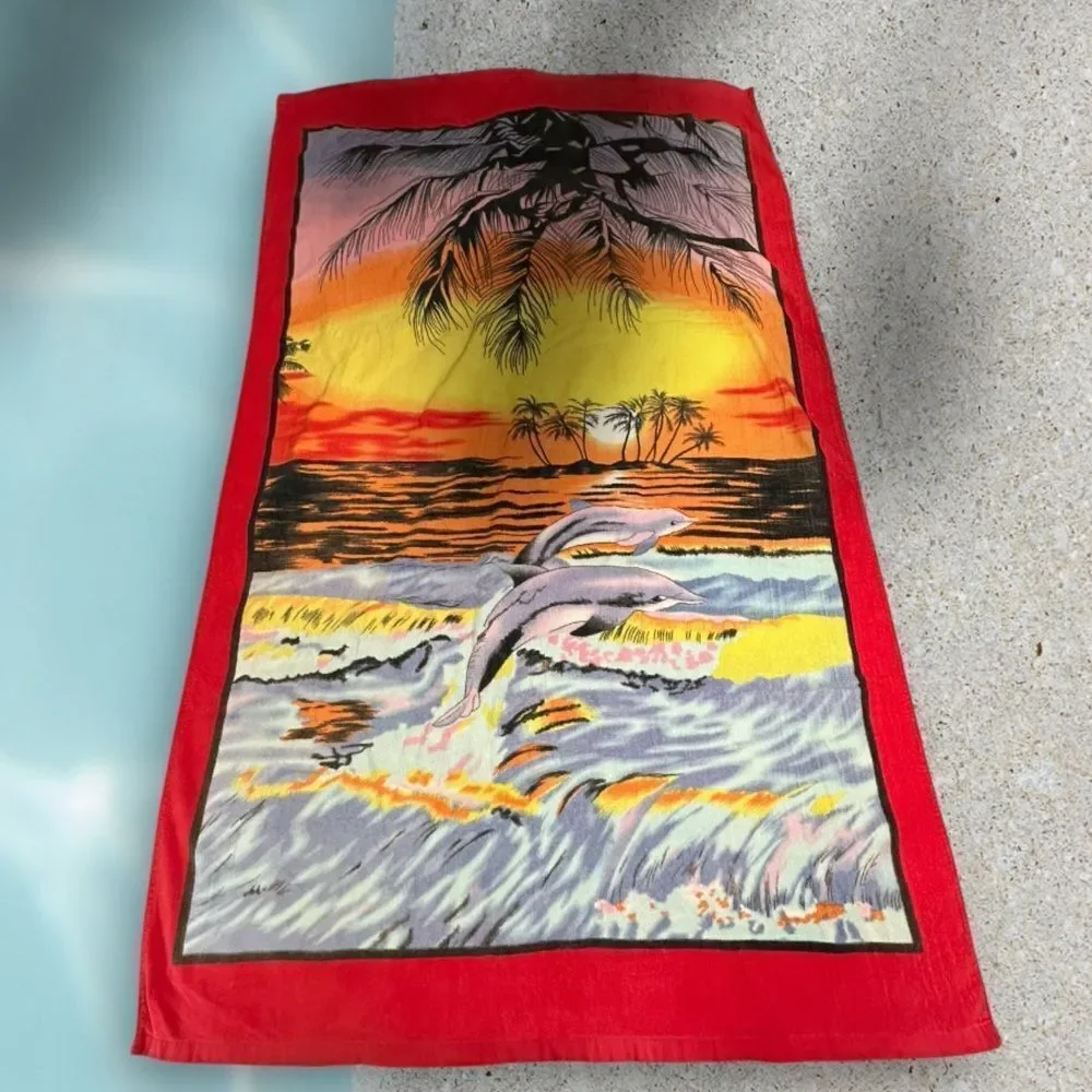 Vibrant Dolphin and Tropical Sunset Beach Towel