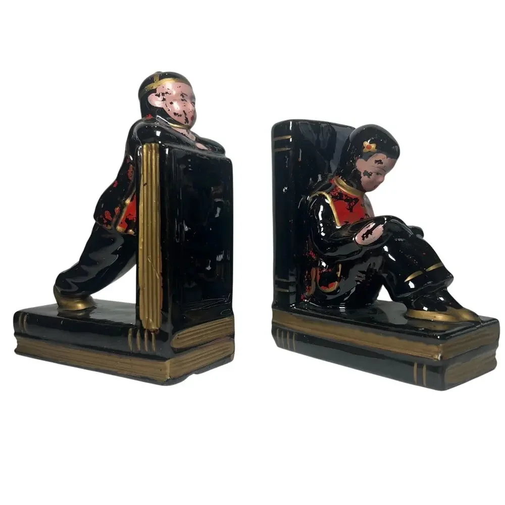 Vintage Enesco Japan Bookends Asian Boy Girl Figurine Shabby Chic Mid Century