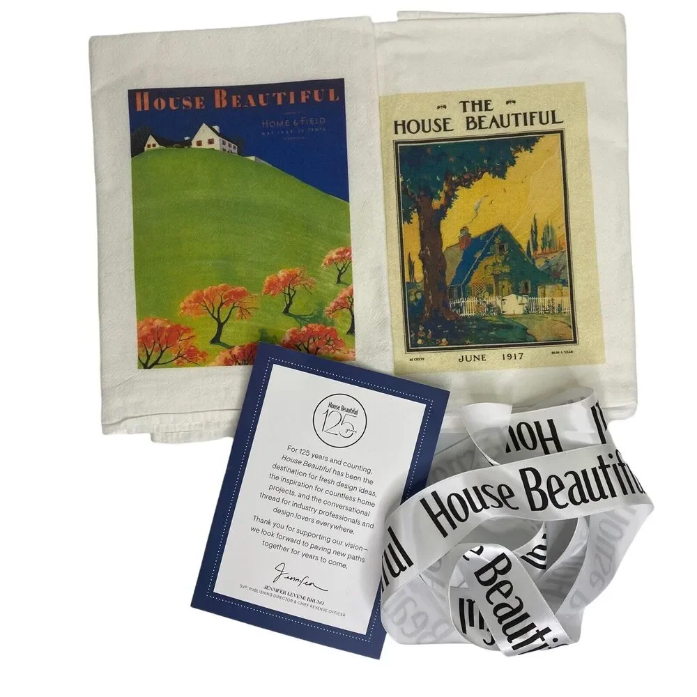 2 House Beautiful Tea‎ Hand Towels Vintage Graphics Ribbon Notecard Farmhouse
