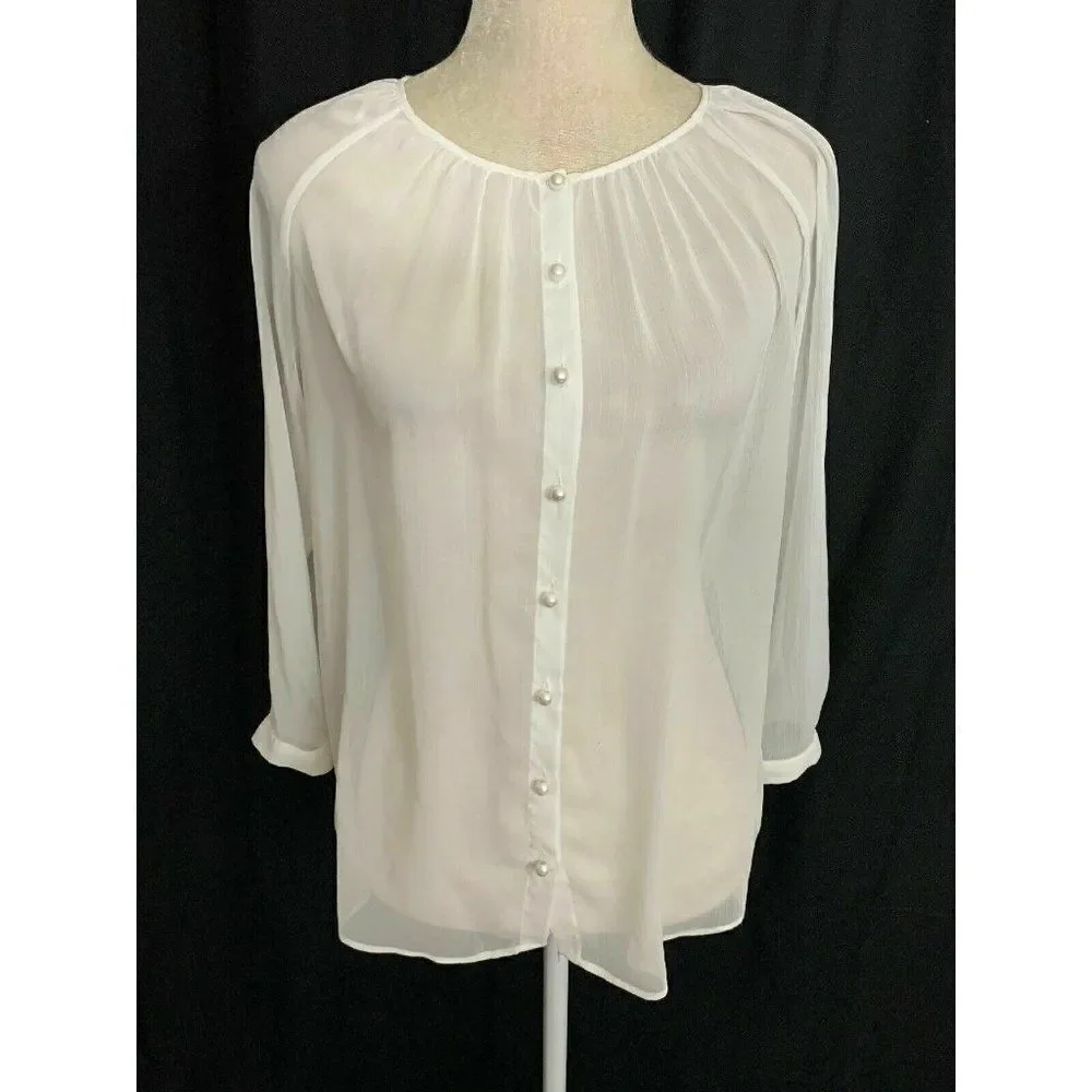 Zara Womens Solid White Sheer Long Sleeve Button Down Top Blouse Xs