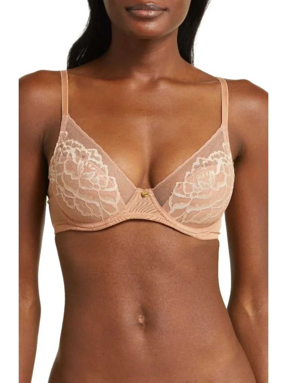 🆕NATORI Flora Lace Underwire Plunge Bra 34G Glaze Cash (Dark Beige) #721150