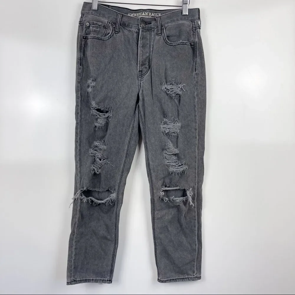 American Eagle Vintage Hi Rise Loose Fit Jeans Destroyed Grey Size 6 Grunge Punk