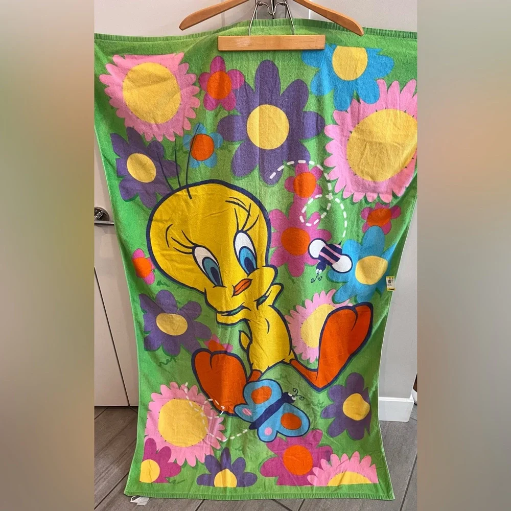 Vintage Looney Tunes Tweety Bird Flower Power Beach Towel Oversized 2000‎