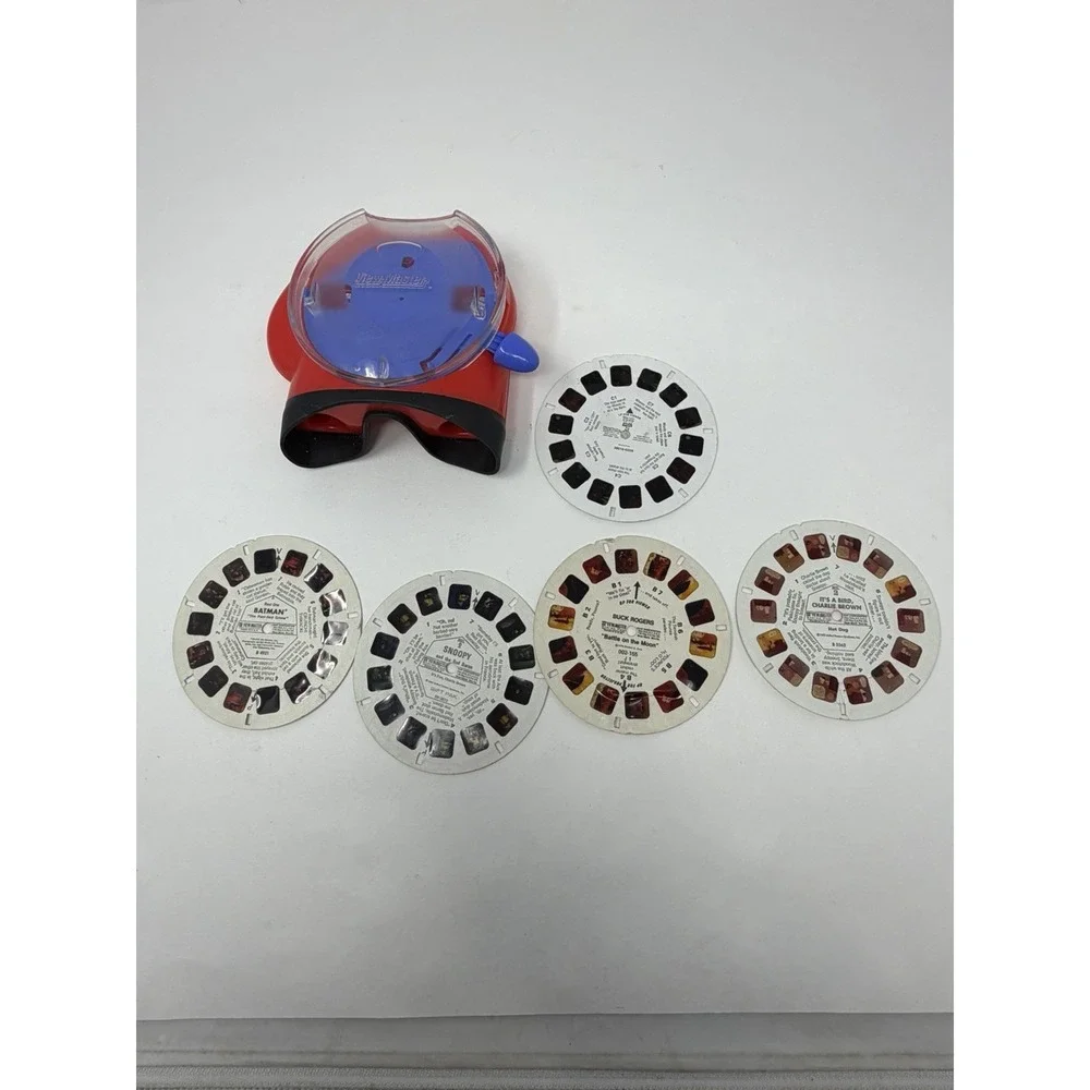 Vintage View-Master Lot 2002 Red Viewer & 5 Reels Batman Snoopy Buck Roger Toy‎