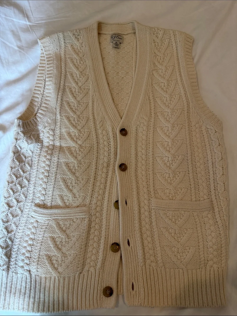 J. Crew Cream Cable Knit Button-Front Sleeveless Cardigan