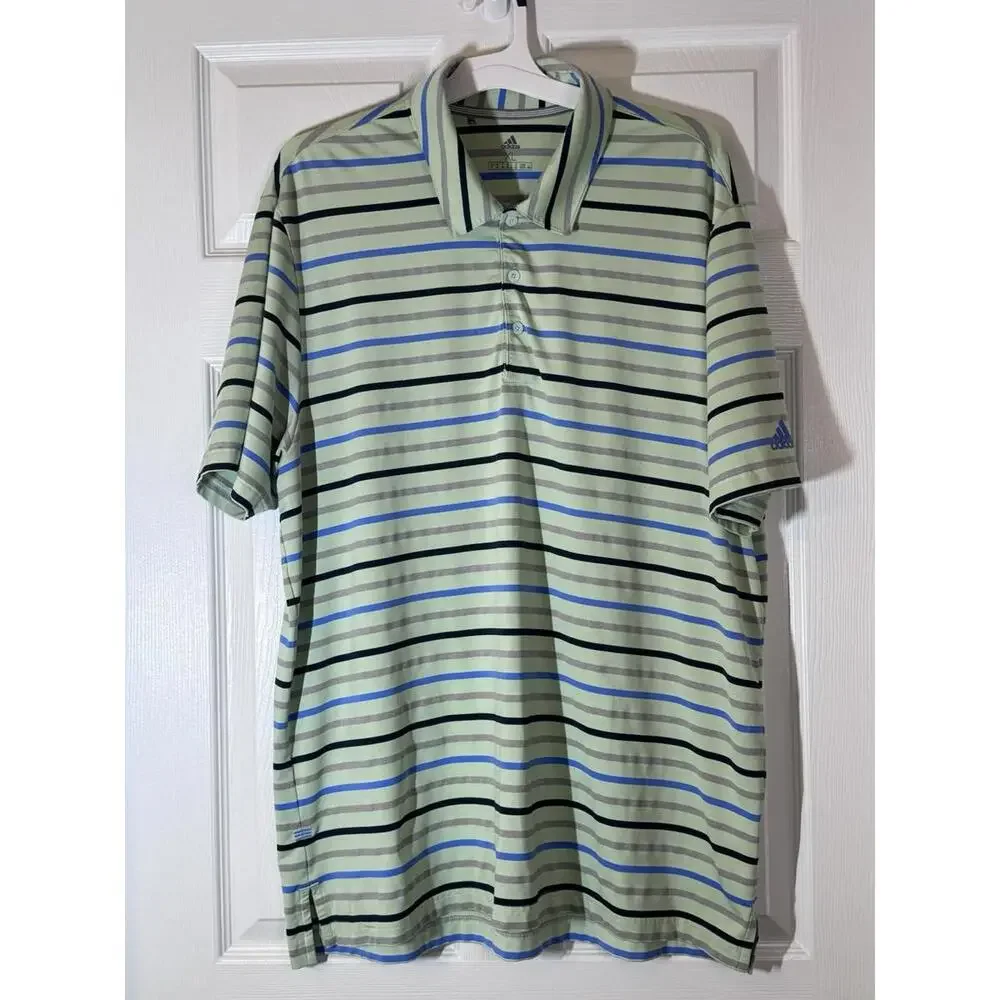 adidas Men's Golf‎ Polo Shirt Lt Green W/Blue Stripes, Size XL