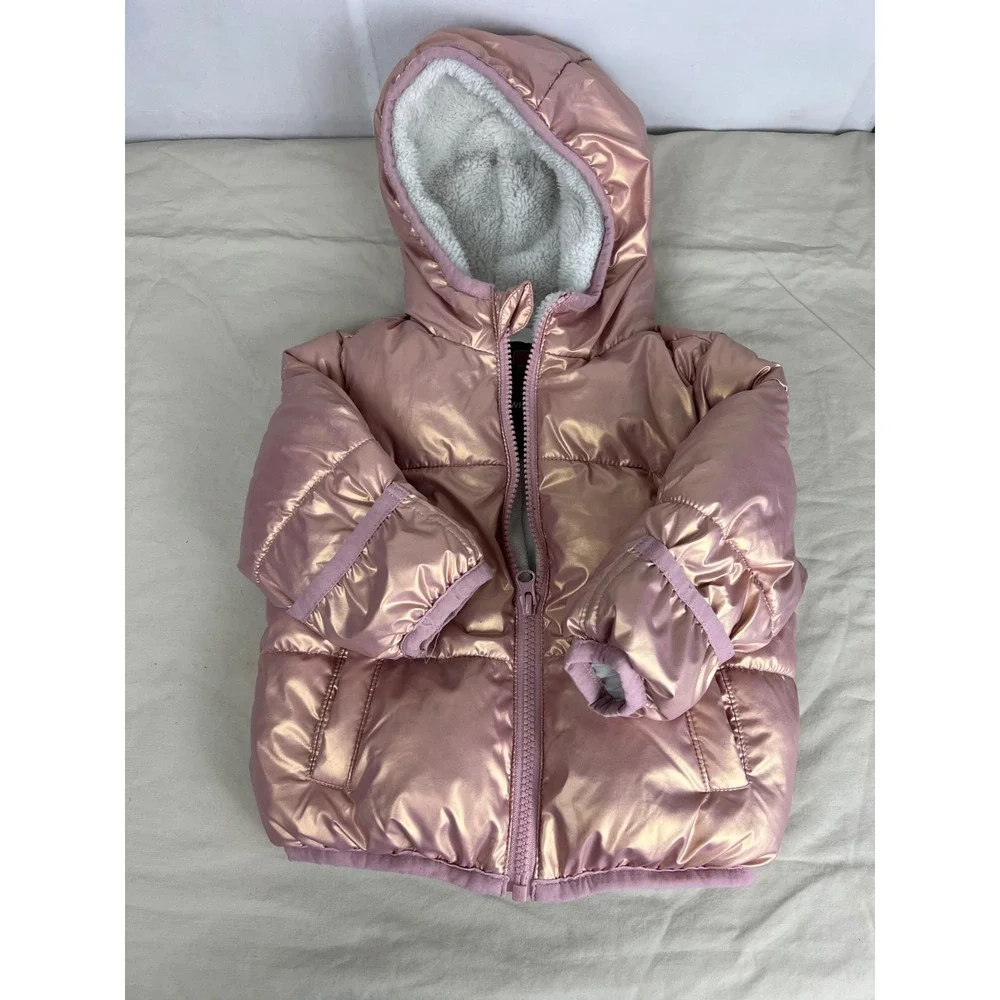 Swiss Tech Rose‎ Gold Metallic Puffer Jacket Sherpa Hooded Coat Baby Girls 12M