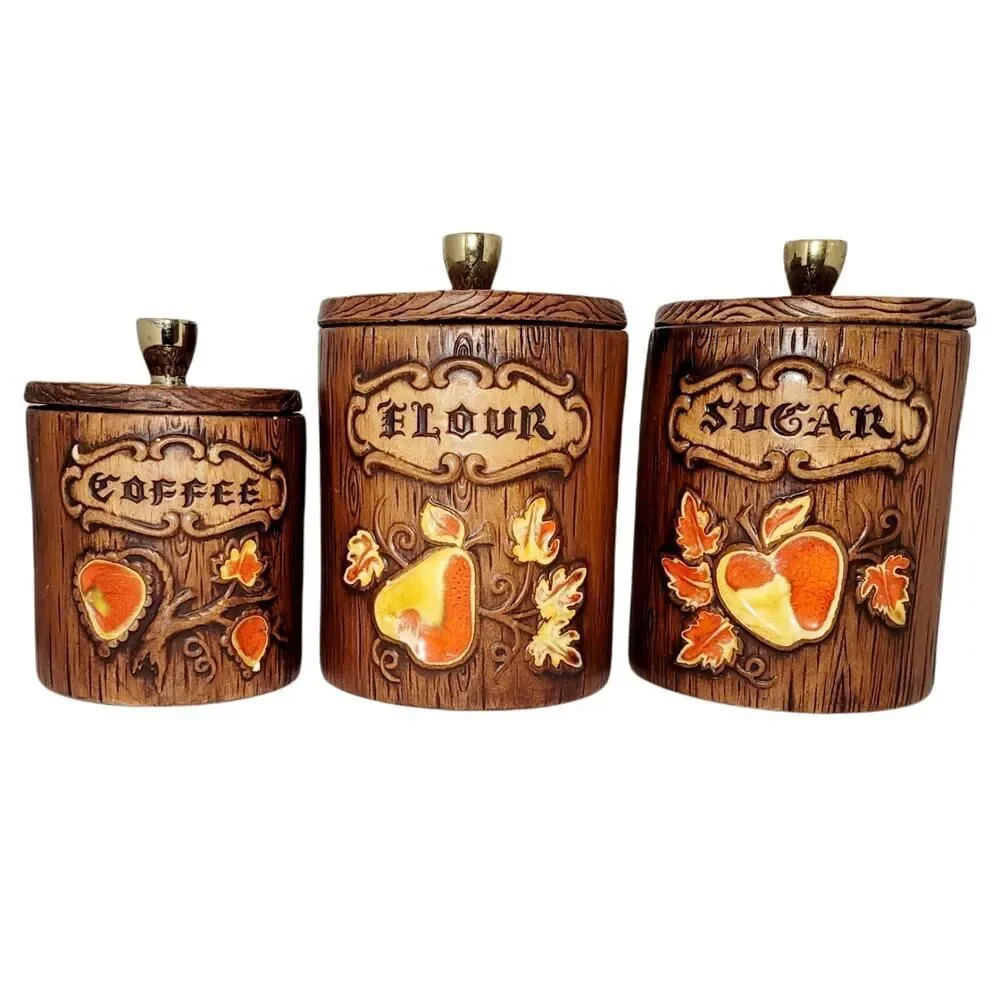 Barrel by Treasure Craft‎ Canister Set Lids VINTAGE 1950'S 6pc Woodgrain Fruit