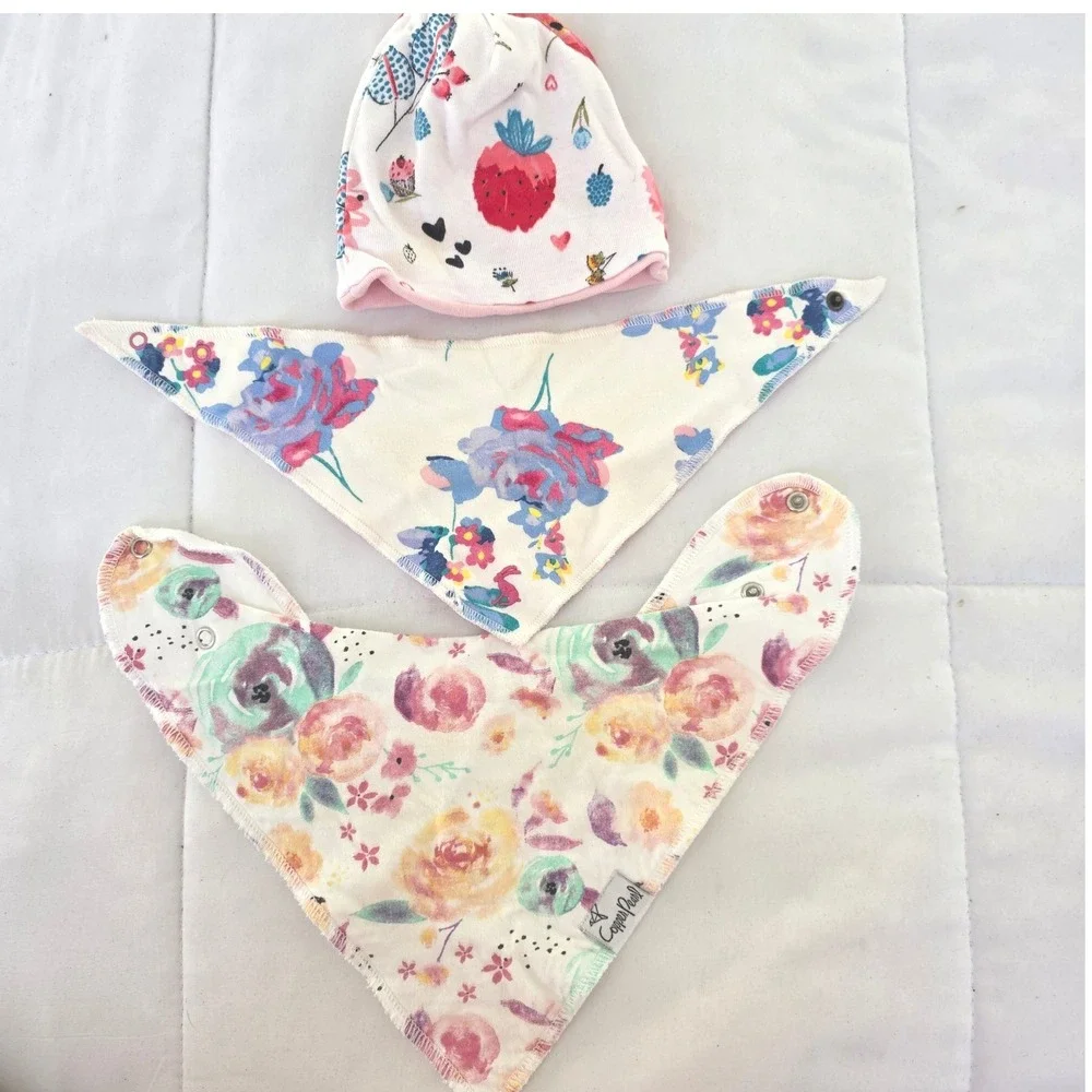Copper Pearl Baby Hat and‎ Bib Set Floral Strawberry Print Cotton Blend