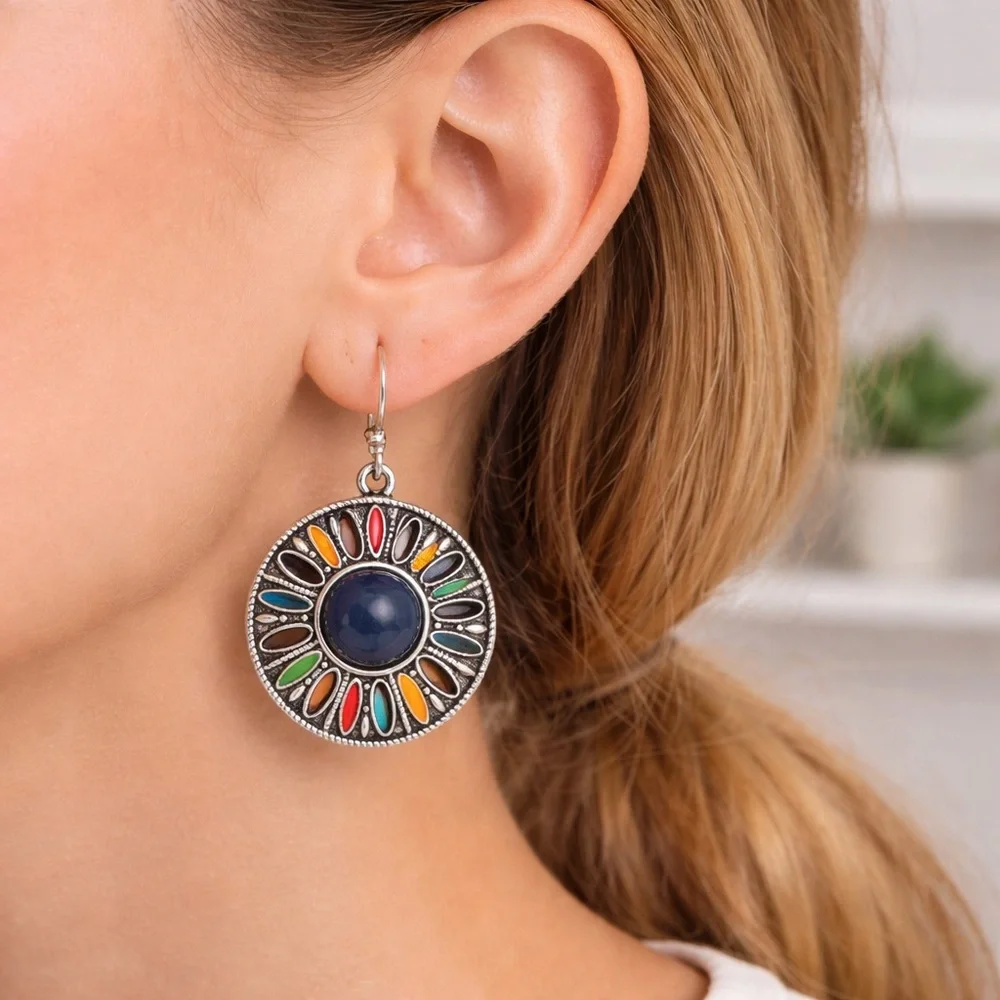 Boho Vintage Enamel Mandala Dangle Earrings Silver Tone