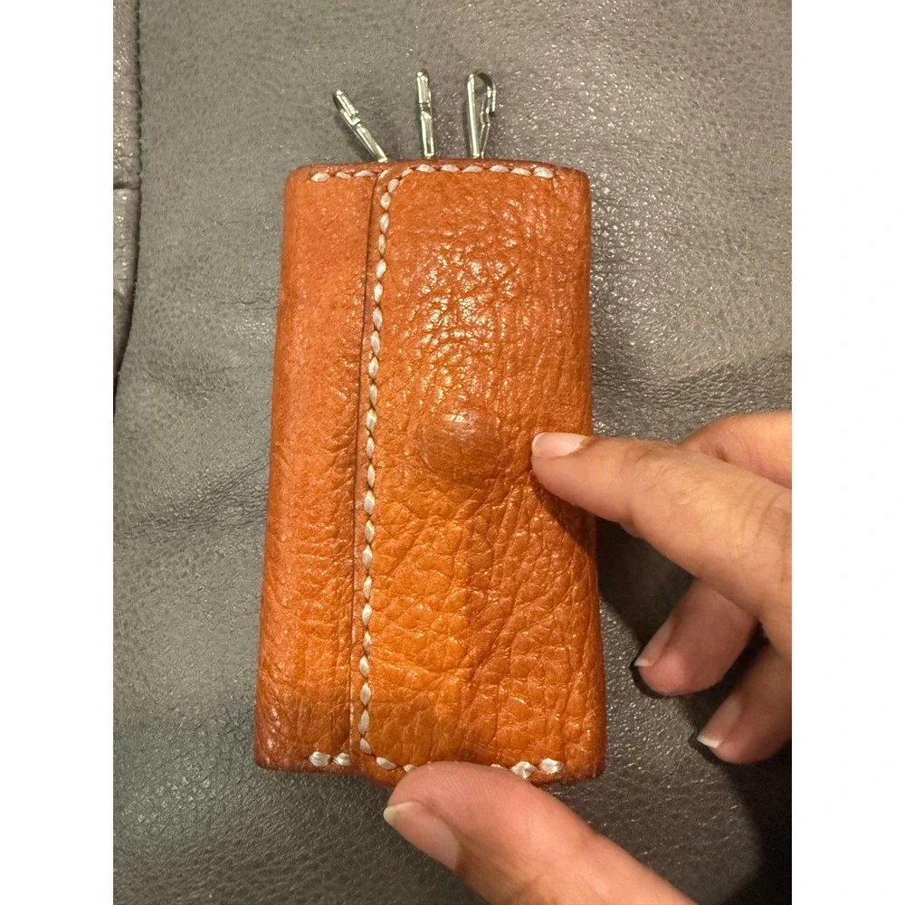 Handmade Burnt Orange Pebbled Leather Tri-Fold Key‎ Case with 3 Hooks & Snap