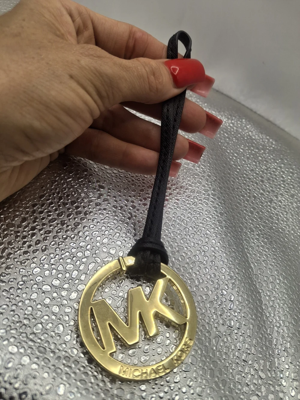 Michael Kors Gold MK Logo Keychain with Black Strap / Spare Purse Charm