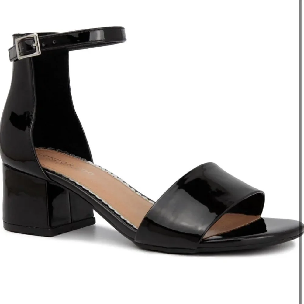 LONDON FOG Nikki Low Block Heel Shoe Ankle Strap Open Toe Shiny Pump Sandal
