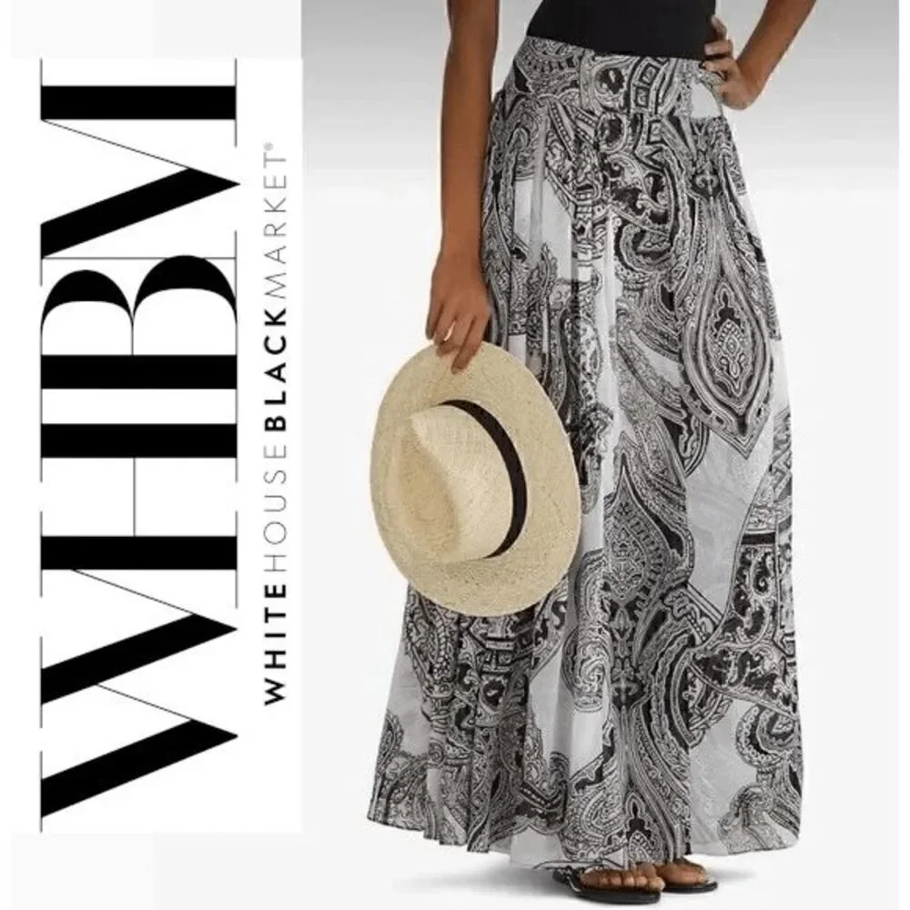 🖤🤍 WHITE HOUSE BLACK MARKET Paisley Black White Pleated Maxi Skirt SIZE S