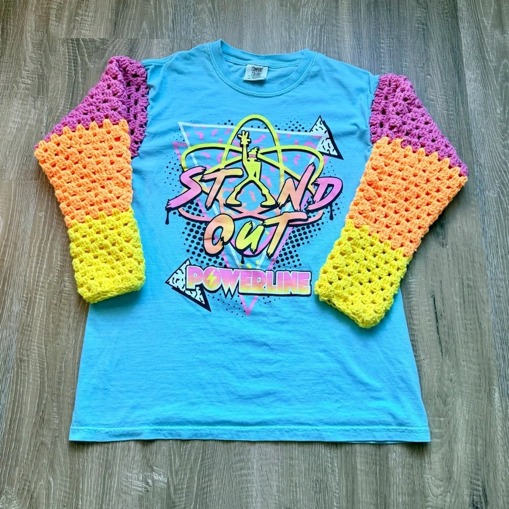 Crochet Upcycled Powerline Goofy Movie T Shirt Crochet Sleeves‎ Unisex M
