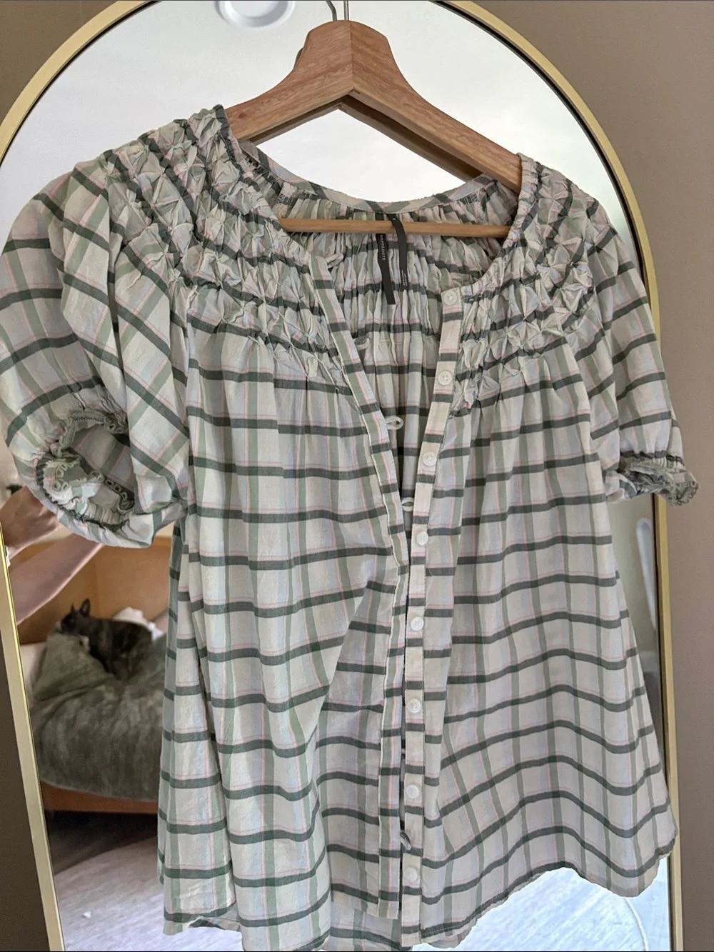 Anthropologie Green and Cream Plaid Smocked Button-Front Blouse