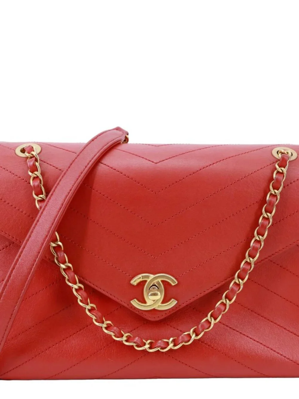 Chanel Envelope Flap Lambskin Chevron Stitched Leather Crossbody Bag Red