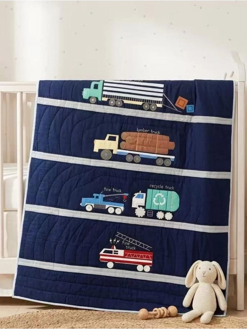 Navy Blue Kids Truck Quilt - Multi-Truck Appliqué