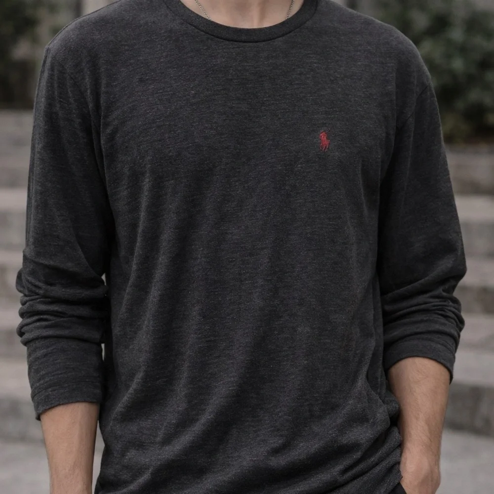 ✨Polo by Ralph Lauren Charcoal Long-Sleeve Crewneck with Red Polo Logo