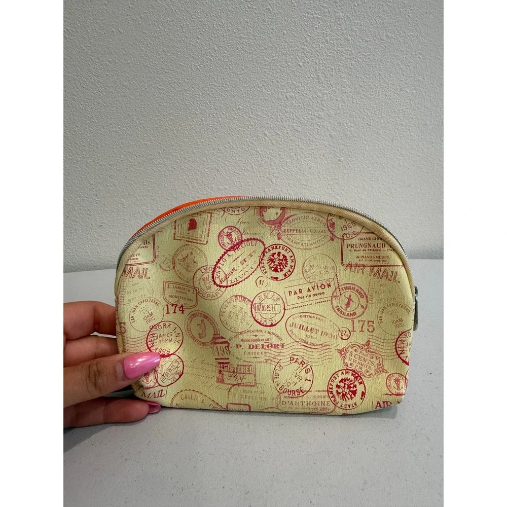 Ipsy Makeup Bag Vintage Travel Air Mail Postal Stamp Orange Cosmetic Pouch