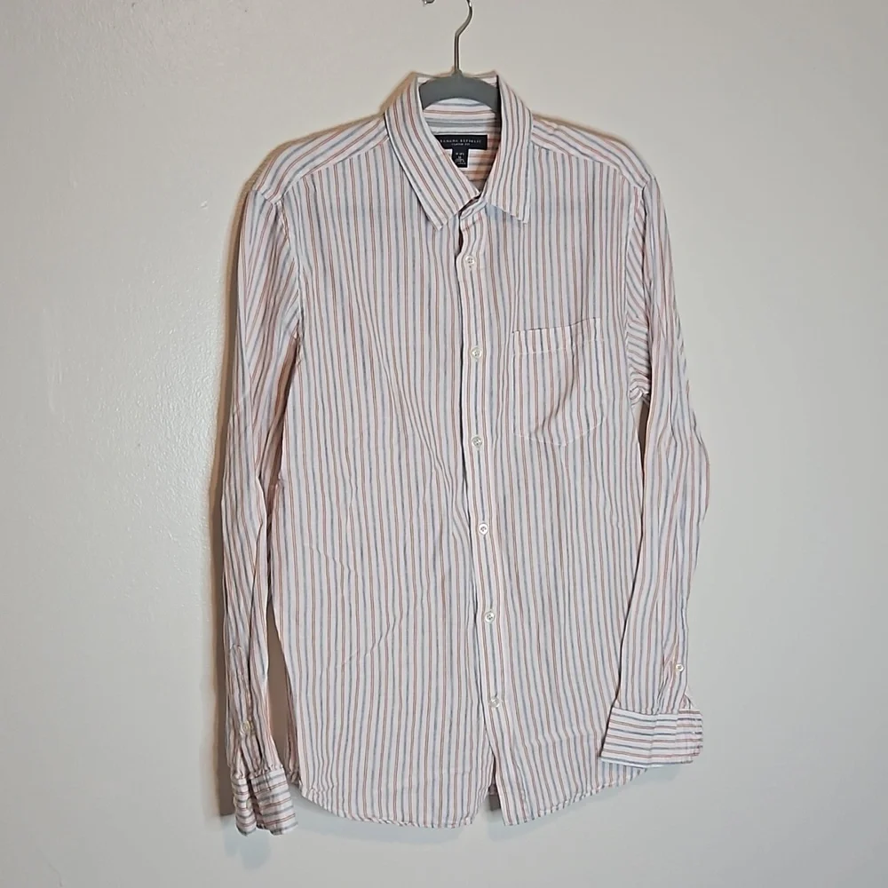 Banana Republic men’s flax linen blend striped button-down shirt size Medium EUC