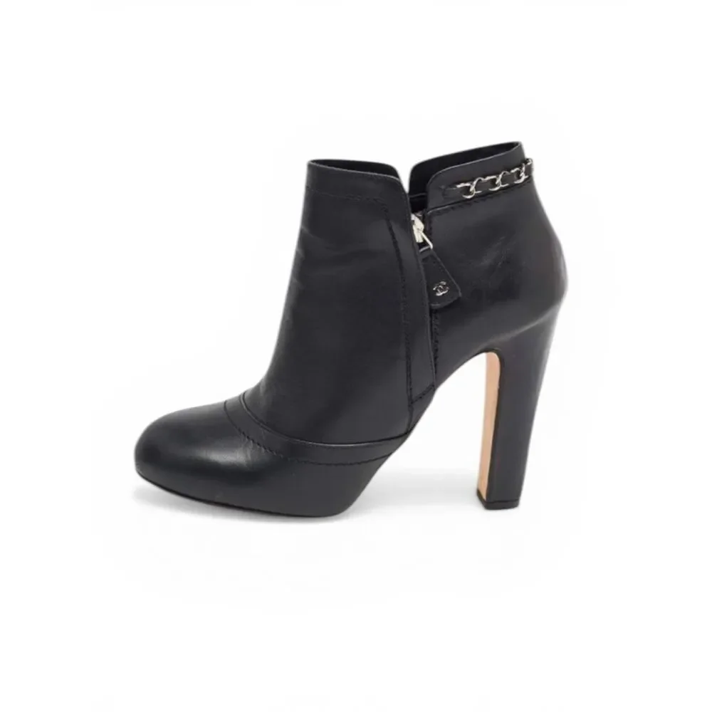 Chanel Black Leather Chain Details Ankle Booties US 8