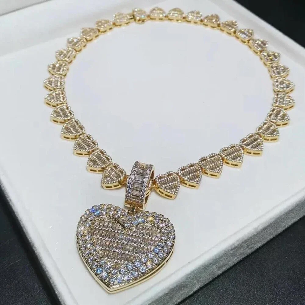 Gold Baguette Heart Necklace Bling 878 E