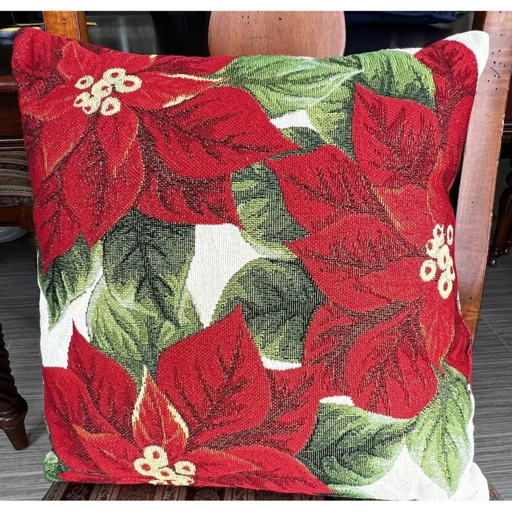 Poinsettia Tapestry Throw Pillow Red‎ Green Gold Christmas Holiday Flower 16x16