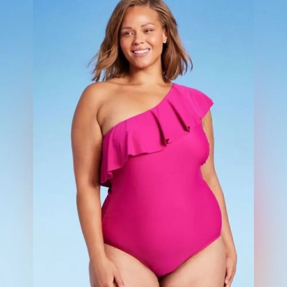 Kona Sol Women's Ruffle One Shoulder One Piece Swimsuit Pink NWT Size 20