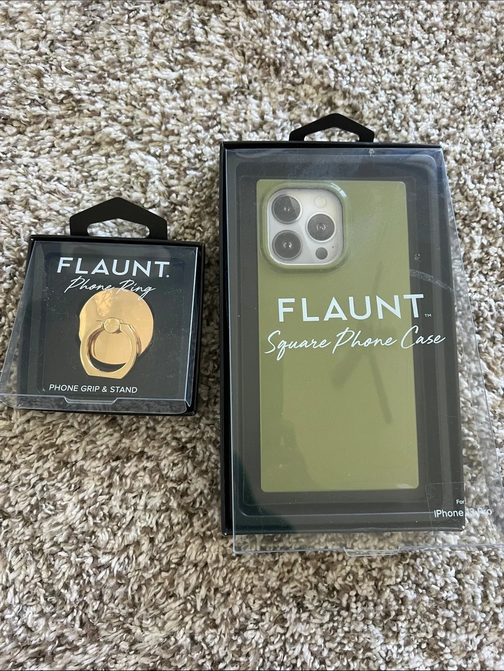 NIB Flaunt iPhone 13 Pro Square Phone Case Olive Green with Gold Grip Stand