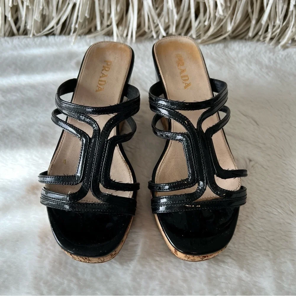 PRADA 35.5 Black Patent Leather Cage Espadrilles 5.5 6