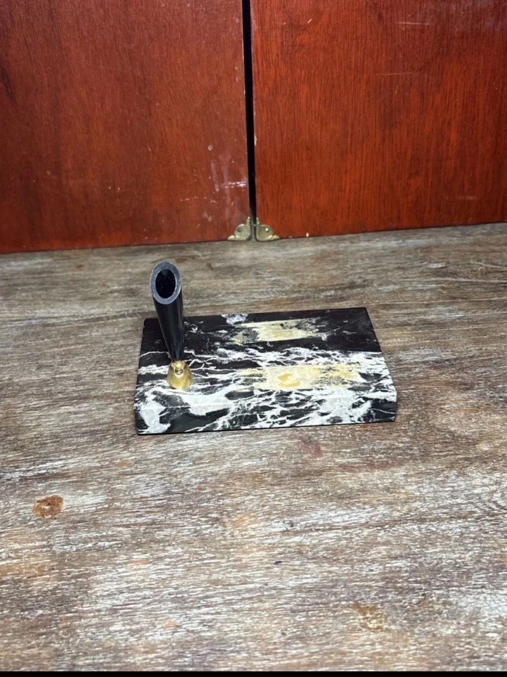 Vintage Onyx Marble Desk Pen Holder w/ Brass Mount – Mid Century