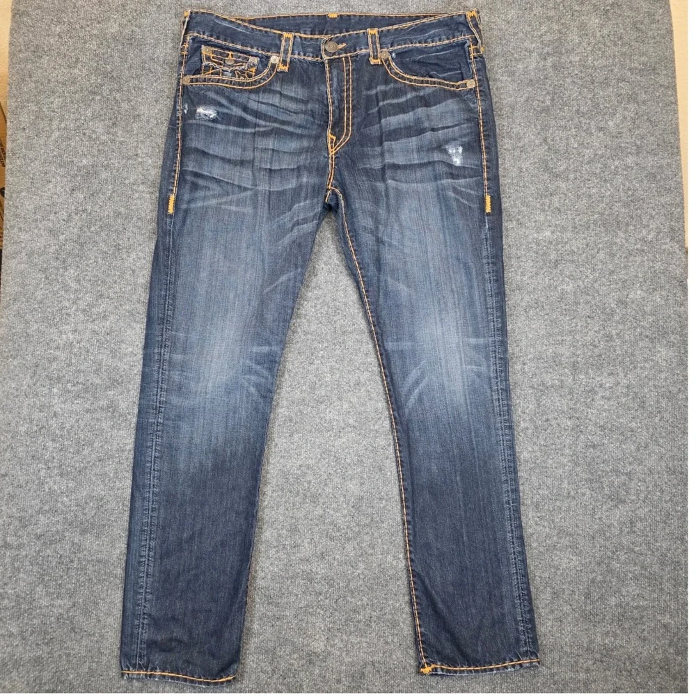 True Religion Geno Jeans Men 42W X 33L Blue Slim Fit Distressed Flap Pocket