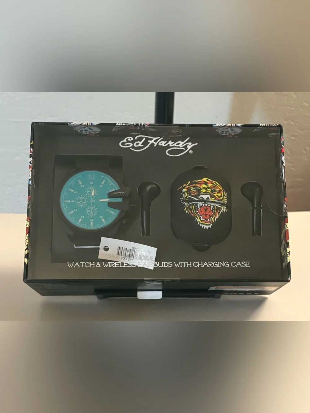 Ed Hardy Turquoise Dial Watch w/Black Tiger-Graphic Earbuds & Charging Case