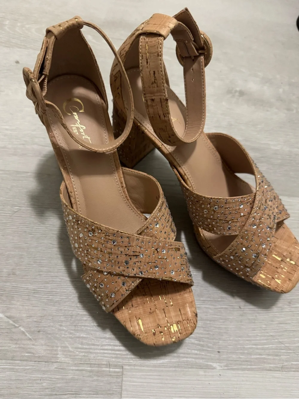Comfort Est 1946 Cork Wedge Sandals in Tan with Crystal Accents