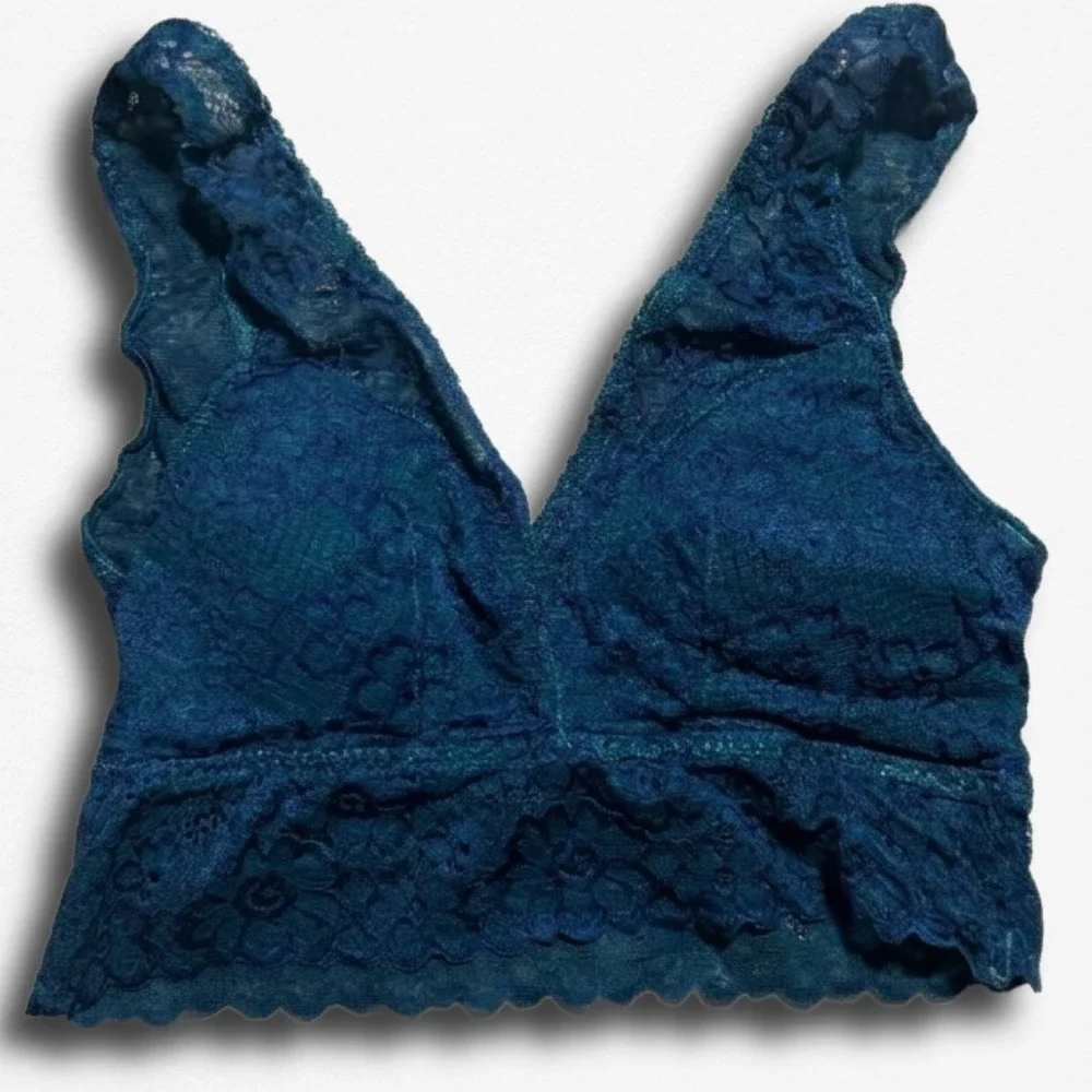 So Womens Floral Lace Bralette Teal Blue V-Neck Longline Bralette Size XS