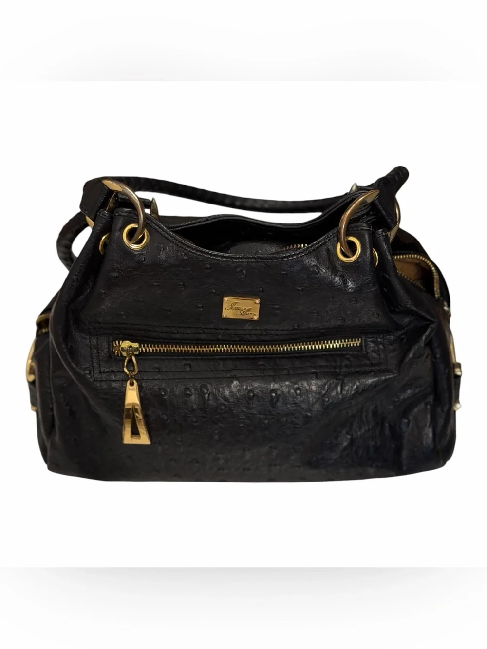 Isabella Adam’s Black Shoulder Bag with Gold Hardware - Embossed Texture