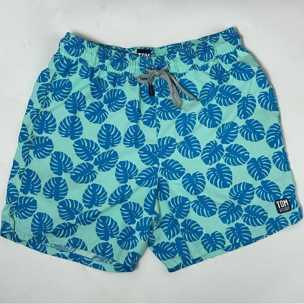 TOM&TEDDY Men’s Leaf Print turquoise and navy swim trunks sz S 5in seam