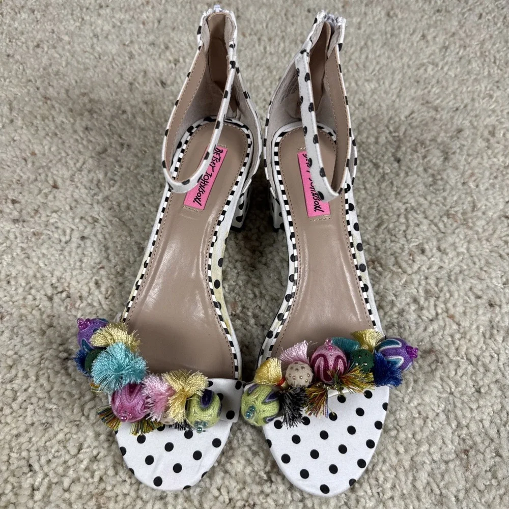Betsey Johnson Multicolor Polka Dot Pom Pom Platform Espadrille Sandals Sz 7.5 M