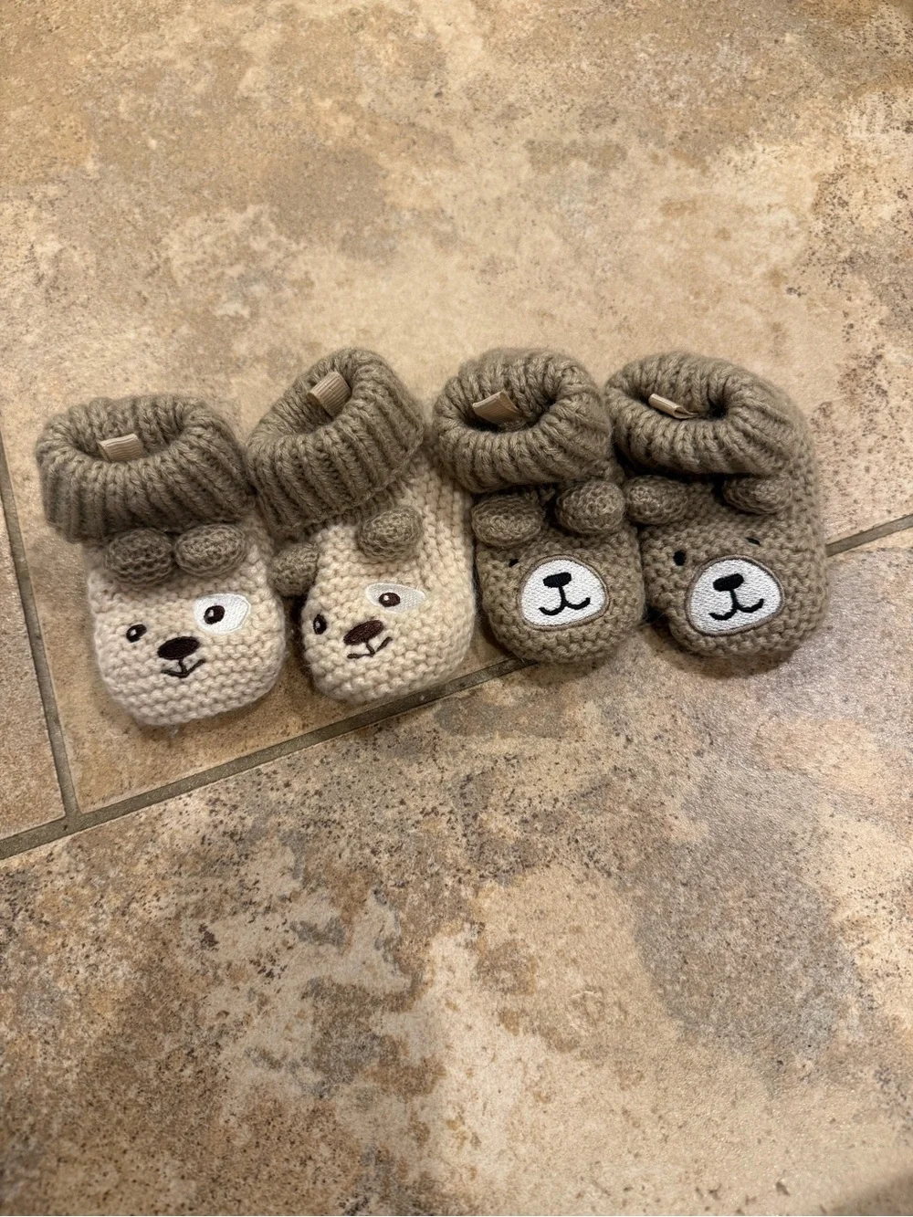Cute Knit Bear Baby Booties in Beige & Taupe