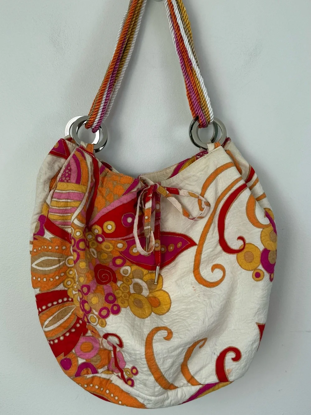 Banana Republic Colorful Drawstring Shoulder Bag in Cream, Bright Orange & Pink