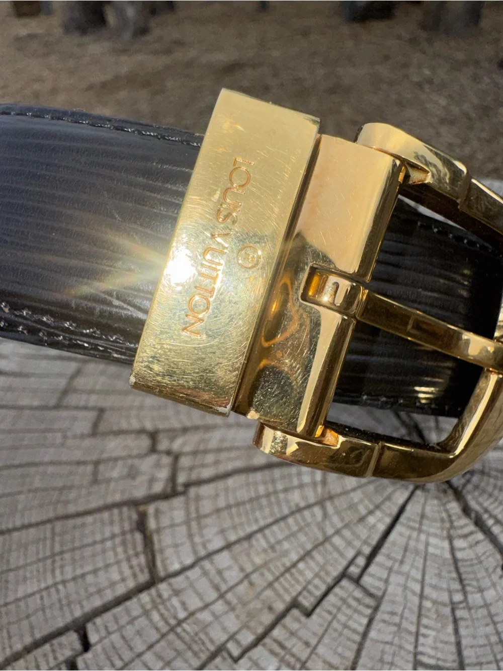 Louis Vuitton Black Leather Belt Strap with Gold tone buckle