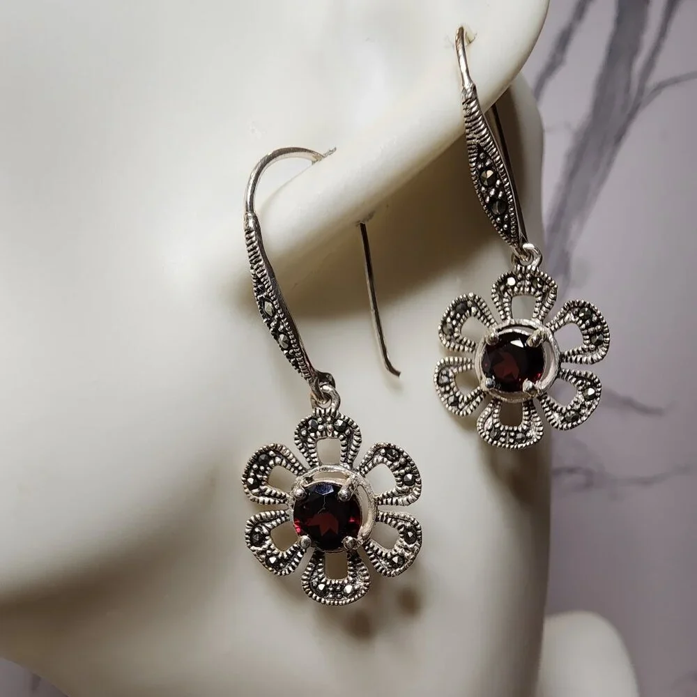 925 Silver Garnet and Marcasite Floral Drop Earrings