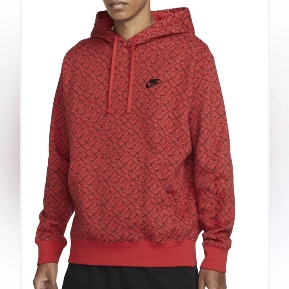 Nike Essentials Red All Over Print Pullover Hoodie Sweatshirt Size Small
